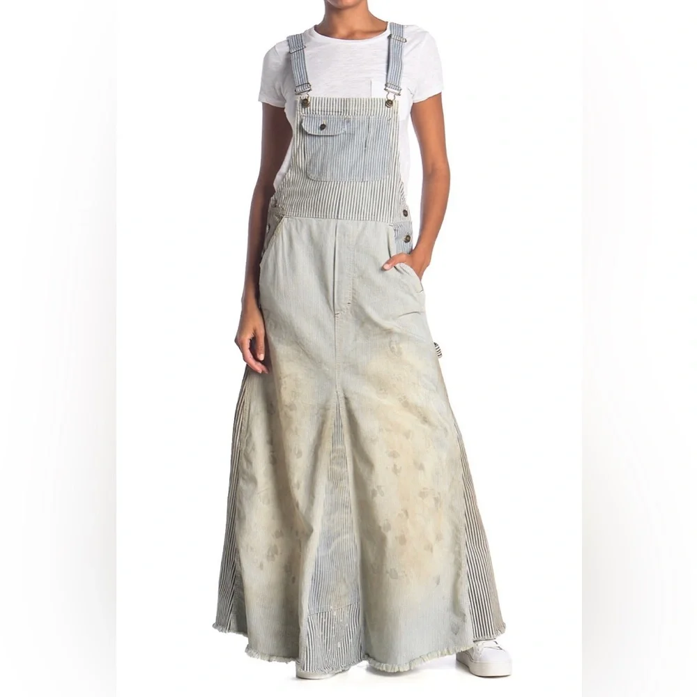 Free People Heritage Skirtall Blue Distressed Stripe Maxi Denim Dress - Picture 3 of 6